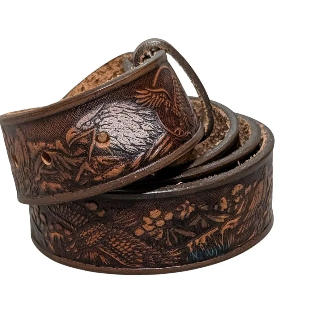 Brown leather tooled eagle belt cow hide western cowboy rodeo festival